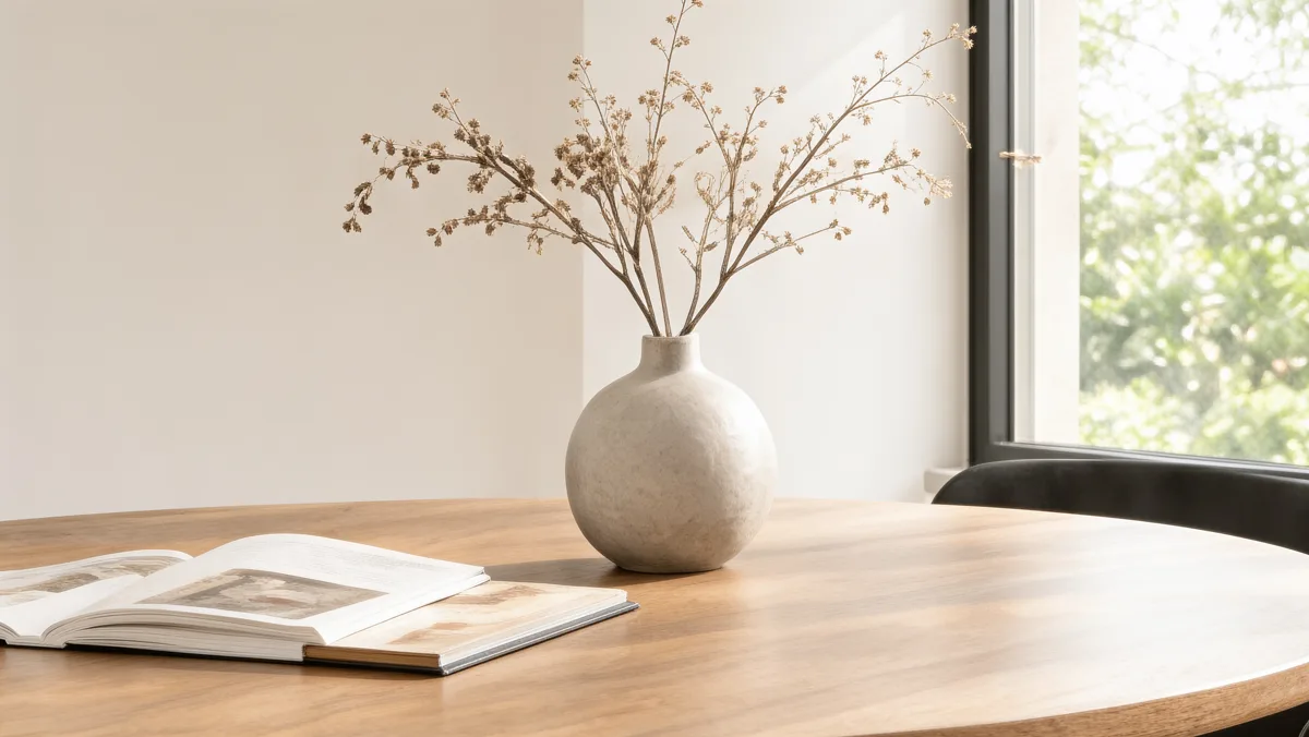 Warm timber dining table beside a window